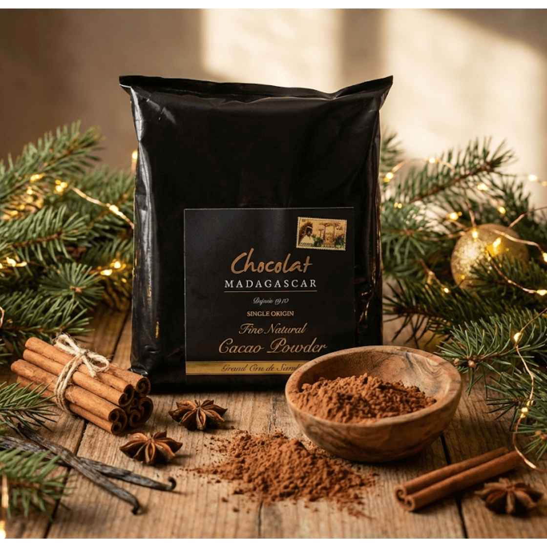 A product photograph of a black pouch of Chocolat Madagascar non-alkalized cacao powder. It sits on a rustic wooden surface surrounded by festive elements including evergreen branches, glowing fairy lights, cinnamon sticks, star anise, vanilla pods, and a small wooden bowl filled with cocoa powder.